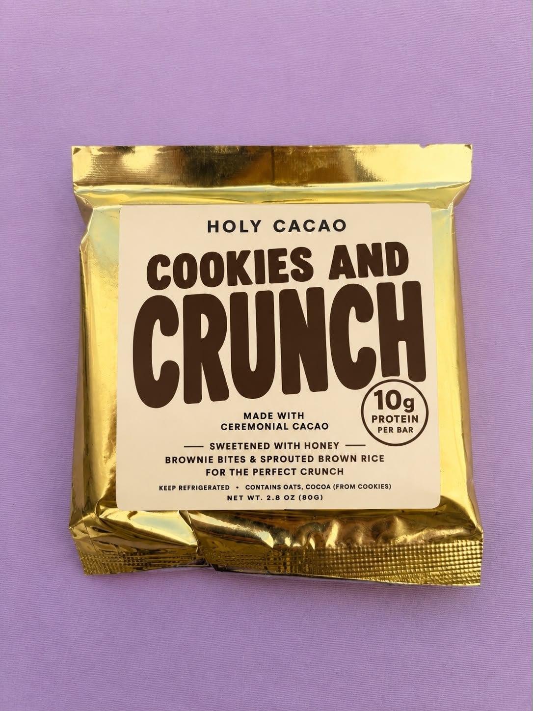 Holy Cacao Cookies & Crunch Protein Bar with Ceremonial Cacao | Honey Sweetened | 10g Protein | 2.8 oz (80g)