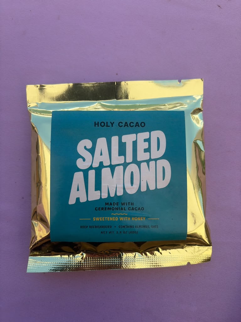 Holy Cacao Salted Almond Ceremonial Cacao Bar with Honey | Refrigerated Healthy Chocolate Snack | 2.8 oz (80g)